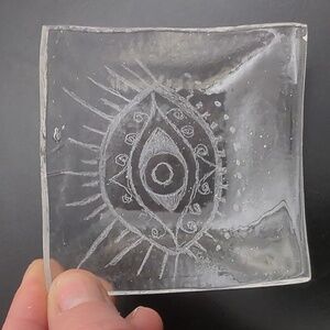 Evil Eye Glass Trinket Dish Art Piece Hand Engraved 4"X4"